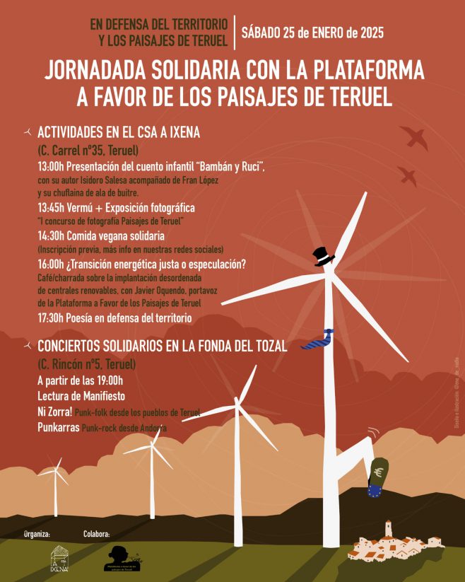 Cartel informativo "Jornada solidaria con la Plataforma a favor de los paisajes de Teruel. Cartel de @ene_de_nadia