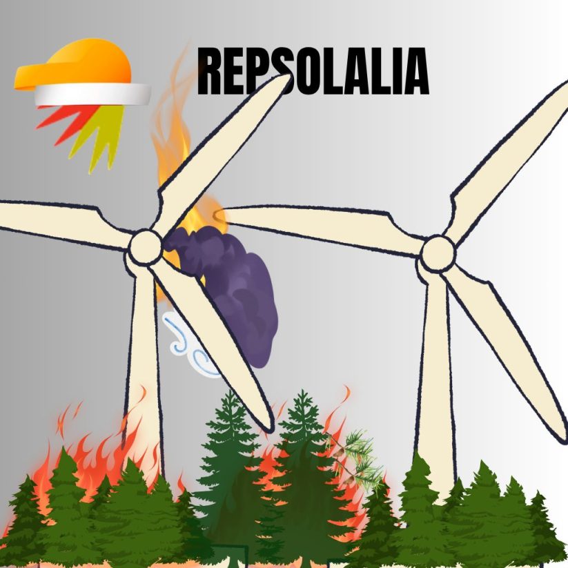 REPSOLALIA. Imagen irónica fusionando las marcas Repsol y Forestalia. Sátira visual entre energía fósil y presuntamente renovable.