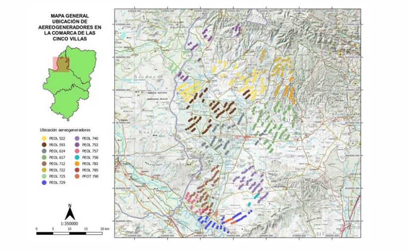 Ubicación de aerogeneradores en la comarca de Las cinco villas.